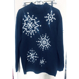 Karen Scott Black Christmas sweater Snowflakes embroidered beaded mock neck M